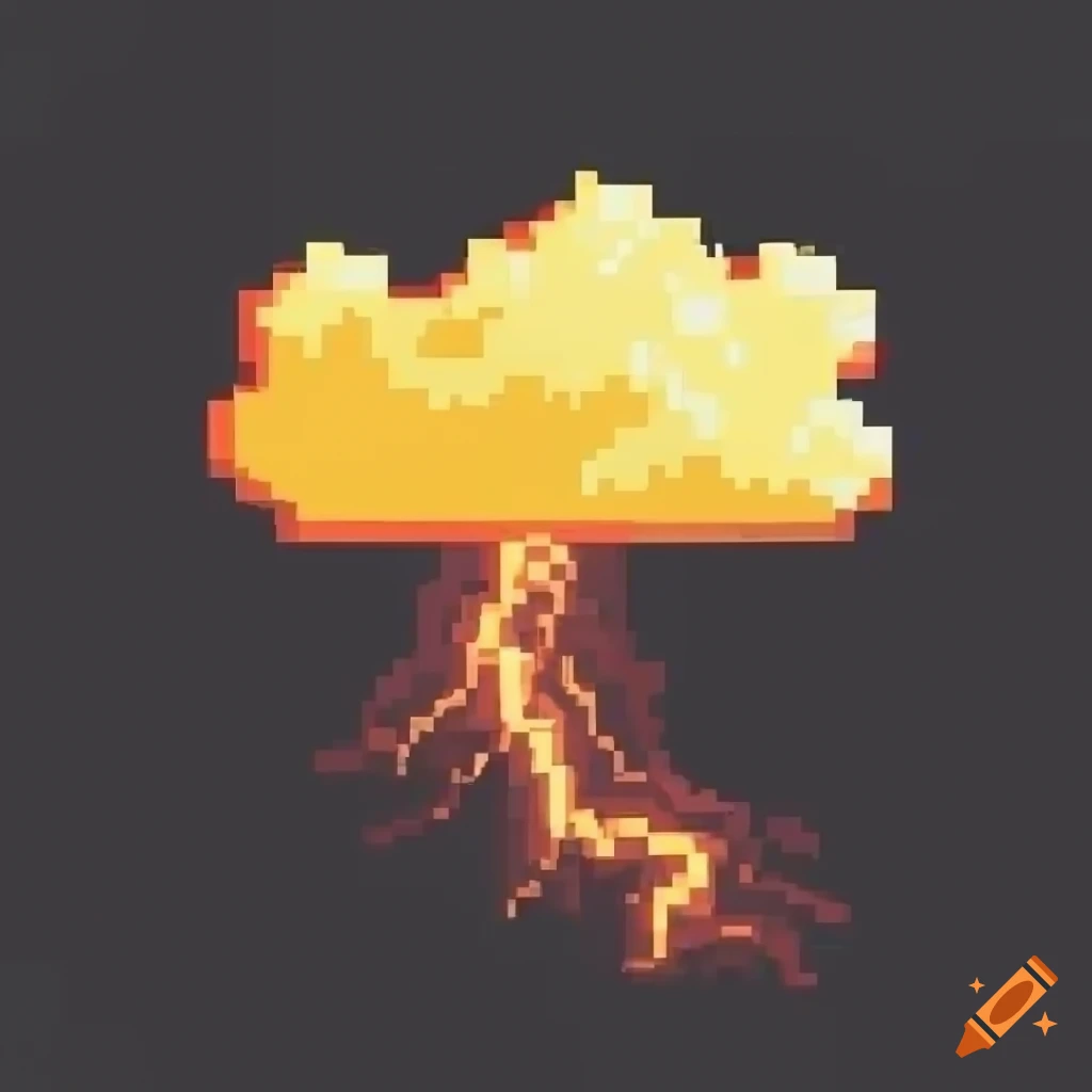 a burst of lightning shoots down from a cloud, lighting up a night sky. the image has a yellow tint. pixel art, high resolution