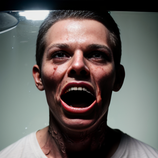 Realistic photographic portrait of a young man in a light green button-up shirt, standing outdoors under a clear bright blue sky, holding a large round transparent glass fishbowl directly in front of his face covering it completely, inside the fishbowl is a grotesque horrific exploded human head made of raw bloody flesh, exposed muscles, dripping viscous fluids and blood, prominent human teeth in a wide open screaming mouth, multiple large bulging bloodshot human eyeballs floating and attached unnaturally, strings of veins and nerves, glistening wet meat textures, hyper-detailed practical special effects makeup and prosthetics style, visceral body horror, photorealistic, sharp focus, natural daylight, high resolution, 8k, RAW photo
