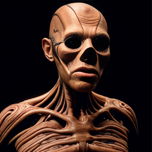 a 10 ft tall skinless figure with a weird looking mask on its face make it look like a cursed image from the 1960s 