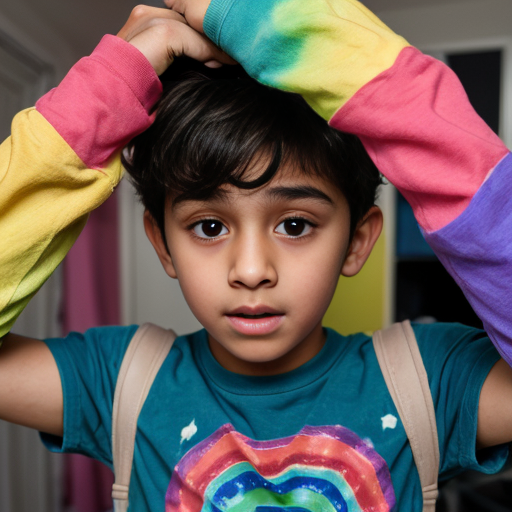 a nervous short 14 brown boy with rainbow clothing who is a human
