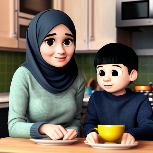 Мультяшный 3D стиль Pixar, упрощённые мультяшные черты, яркие дружелюбные цвета, уютная кухня. Мусульманская мама 35-40 лет, полностью покрыта голубым платьем, округлое мультяшное лицо, большие простые глаза, готовит на плите. Сын, 20 лет, синяя толстовка, чёрные джинсы, короткая мусульманская причёска, мультяшное лицо, большие выразительные глаза, сидит за столом. Постоянный персонаж, одинаковая одежда и причёска, повторяемый дизайн персонажа, кинематографическое освещение.