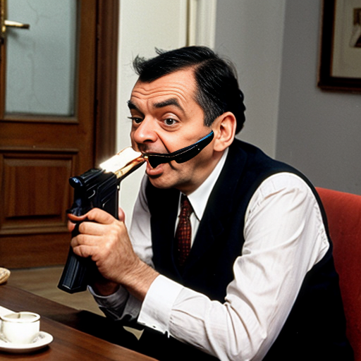mr bean eating a gun