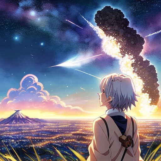 white-haired woman watches as meteorites fall on her castle