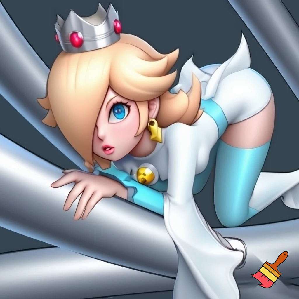 Rosalina from super mario wears a white and light blue tight outfit crawling through silver tubes