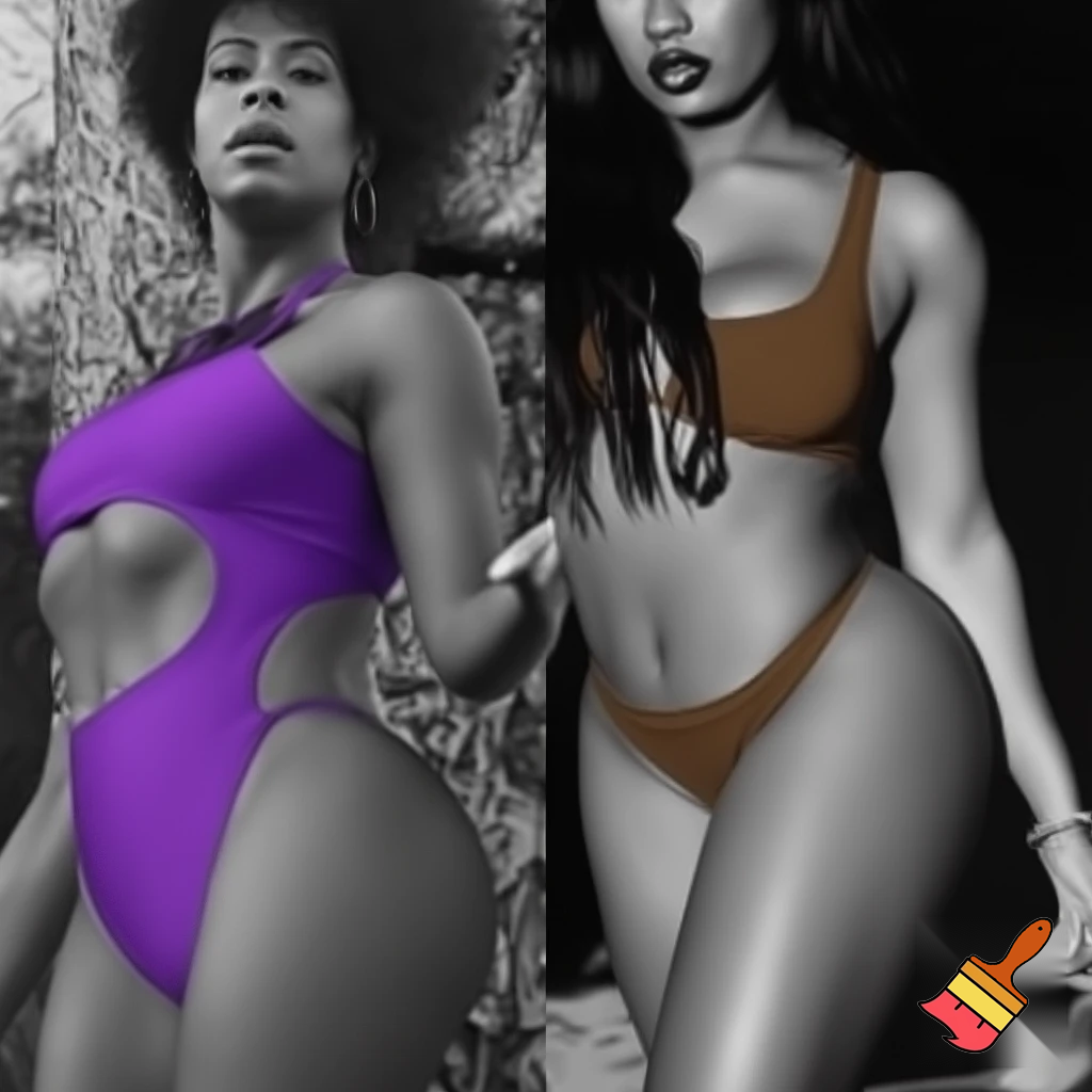Black and white image of Megan Thee Stallion and Kelis in a sports illustrated magazine photo Kelis wearing a purple bathing suit and Megan Thee Stallion wearing a Brown Bikini