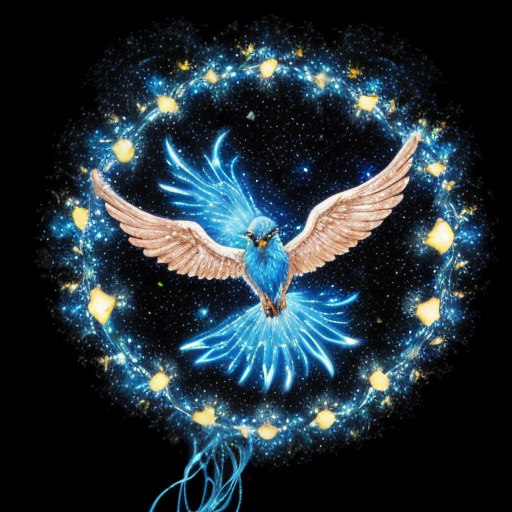 a magical spirit blue bird phoenix glowing and slightly transparent like smoke with a black starry night sky  