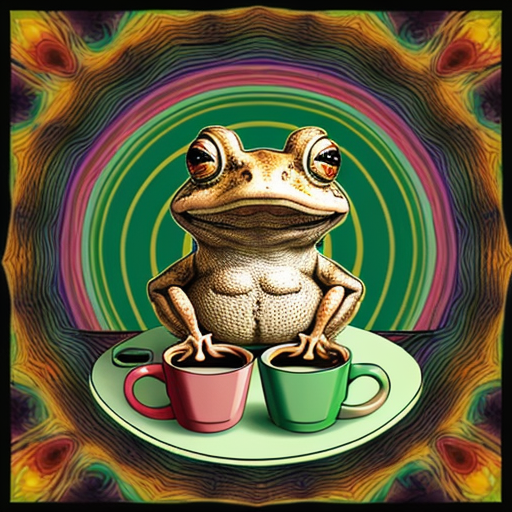 A hillarious, funny boho toad with some hippie colored coffee cups. Psychedelic decorated background.