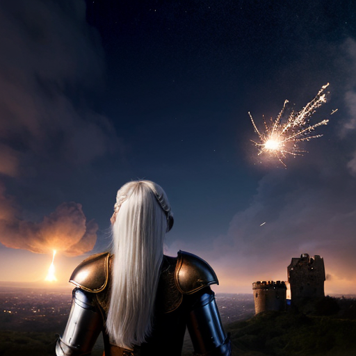 young white-haired woman in armor watches as meteorites fall on her castle