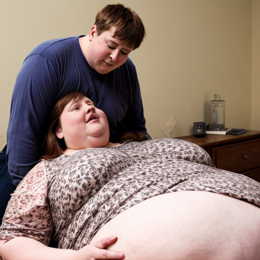 A very fat woman bkin
, taller than her husband, lies on top of him.