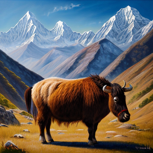 “A realistic painting of the Nepal Himalayas, featuring a yak and chyangba in traditional style, vivid colors, sunlight highlighting the mountains, ultra-detailed, 100% hand-painted look, professional digital painting style