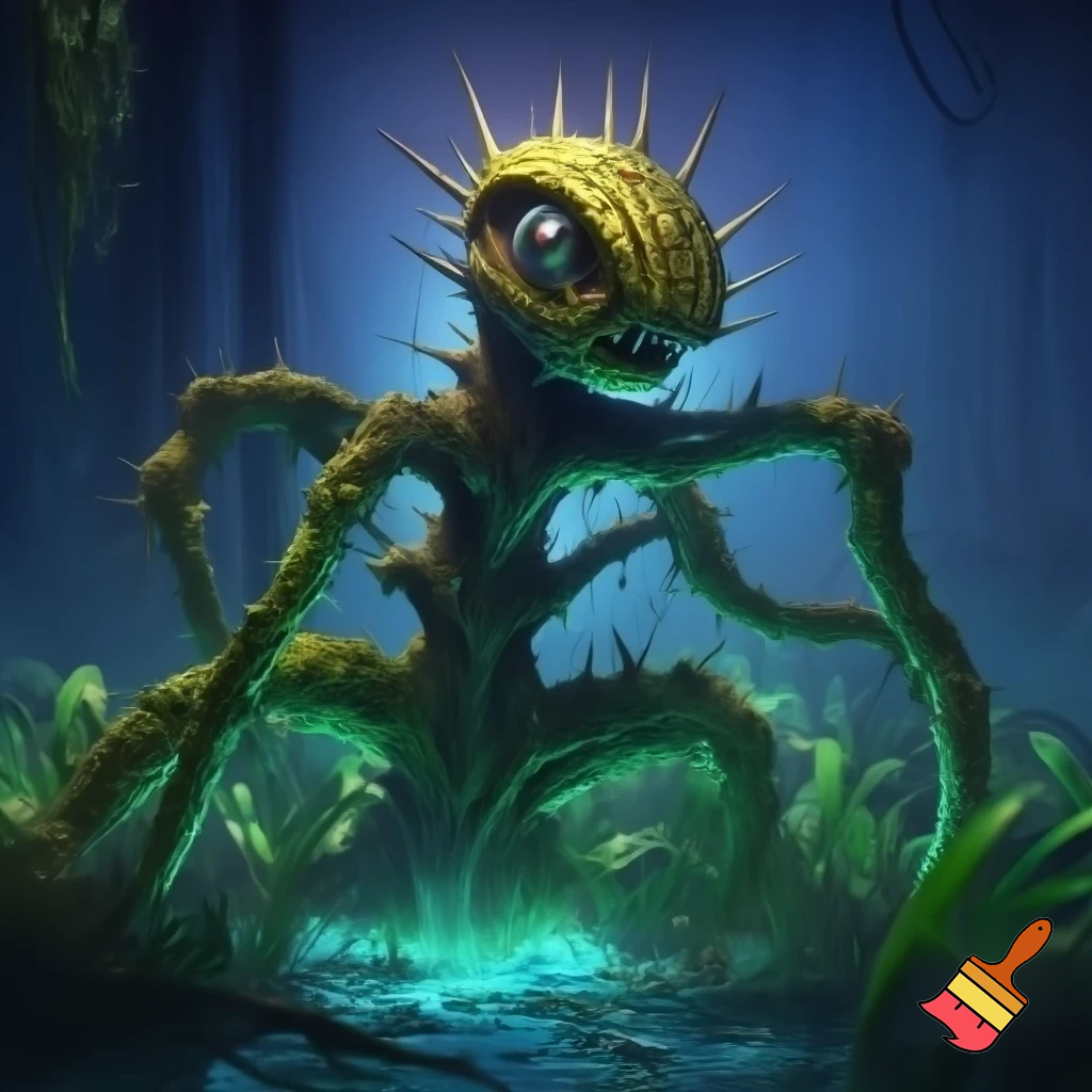 a venus venus flytrap with robotic eyes, and vine arms and legs