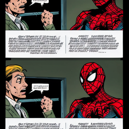 Génère une bande dessinée de comics de spiderman contre le bouffon vert la page a une présentation comme les comics strip classiques avec des cases et des bords blanc

Première case de la première page
Spiderman le balance dans la ville de New-York 
L'environnement est détaillé, et spiderman tisse une toile en sautant 

Deuxième case de la première page 
Spiderman tire sur la toile qu'il a tissé afin de se hisser plus haut 

Troisième case de la première page
Spiderman bondit d'une façon acrobatique et triomphante et rebondit sur un immeuble
On voit le bouffon vert sur son planeur en face de lui dans le fond du payage

Quatrième case de la première page 
L'ange de vue est de dos, on y voit Spider-Man toujours dans les aires bondissant en direction du bouffon vert qui semble surpris 

Cinquième case de la première page
Les regards de spiderman et du bouffon vert se croisent et il semble tout deux en colère 
