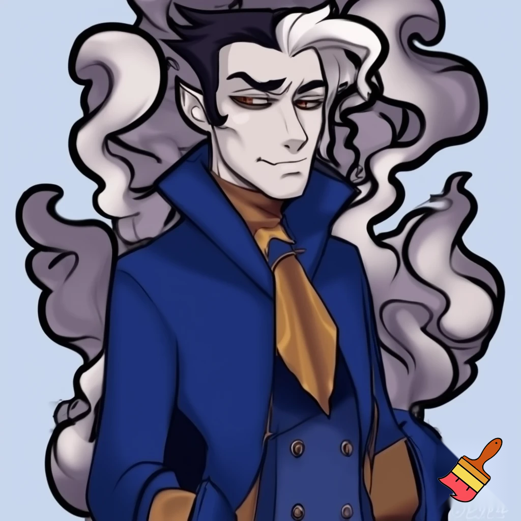 Percival de rolo from Vox Machina in the cartoonish art style of hazbin hotel wearing his signature blue overcoat and smoke curling around him