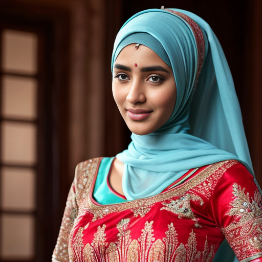 A russian handsome boy with pale skin blonde hair and blue eyes, wearing a suit,tall 188 cm staning with a Bangladeshi girl with warm skin dark eyes, wearing a red wedding full cover lehenga with hijab, 168 cm tall,  wefding scene