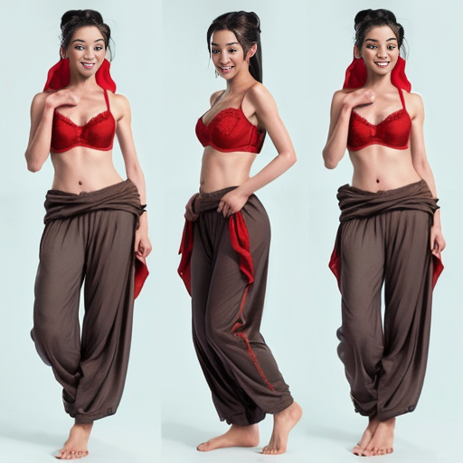 90's disney's 2d aladdin style comic dark blue background and panels of panel 1 Pocahontas barefoot with brown harem pants and bra with both hand palms place together and hiding the bottom of her mouth with a brown veil wrapped around her arms and attached to her head. 
panel 2 she danced with brown harem pants barefoot with brown bra and brown veil wrapped around her arms and shoulders and raising legs and panel 3 Pocahontas barefoot with brown harem pants and bra just bounced up and down her belly  and shook her hips left and right. 
panel 4 as Pocahontas barefoot with brown harem pants and bra spreading her arms, happily revealing her face to the viewer and giving a smile as she turns around shook her butt left and right. 
Panel 5 Pocahontas barefoot with brown harem pants and bra started to fading away , except her belly, which is bouncing around. 
Panel 6 then the ball transforms into the fading in belly of mulan  with red harem pants and red bra and red curved slippers with a  red veil wrapped around her arms and shoulders with her swaying her hips. 
Panel 7 mulan with red harem pants, red bra and red curved slippers and with a red veil wrapped around her arms and shoulders and with her hand palms place together between her chest and she gives a smile and winking her left eye.