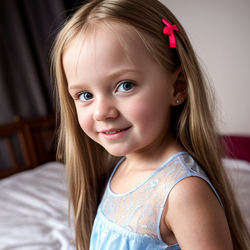 finnish little girl at night dress, very beautiful and eager, long blonde hair, on the bedroom, close up
