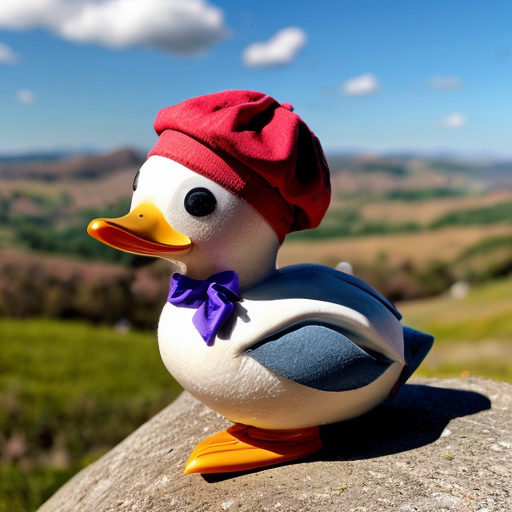 Blue duckling, purple duckling with eyelashes and red bow, yellow duckling with pink cap and red duckling with gray glasses went out one day, over the hills and far away.