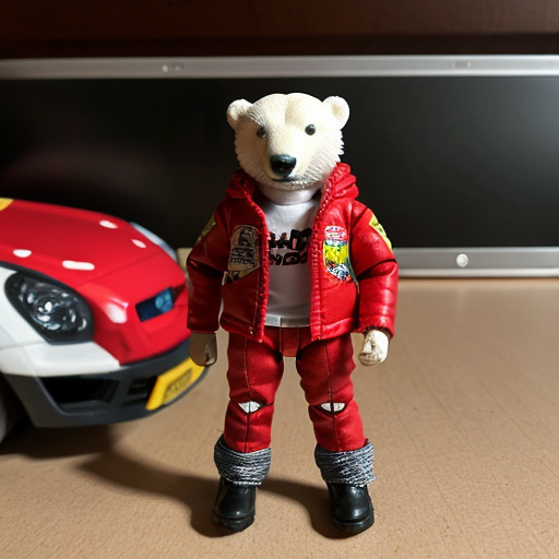 Action figure, animatronic polar bear cub with red hair, red jacket with 2 racing flags, red pants, and black boots