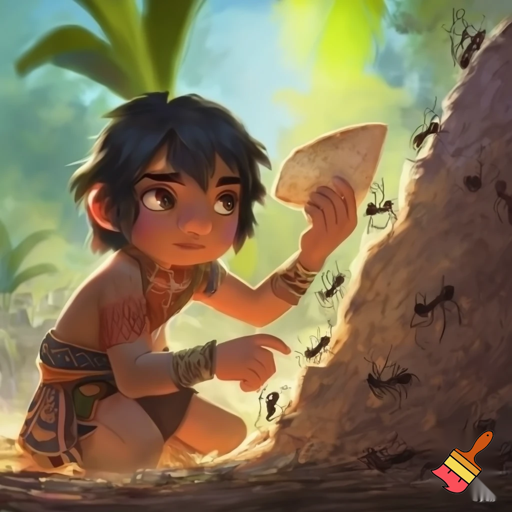 an Aztec boy playing eating ants out of an ant hill and putting them on a tortilla.

