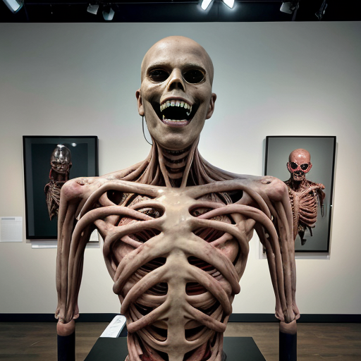 A high-resolution, detailed photograph capturing a complex, visceral biomechanical sculpture and human subject within a contemporary art gallery setting. The central figure is a large, elaborate sculpture constructed from exposed anatomical textures, deep red meat, bone, and intricate wiring, featuring multiple multi-jointed human heads and torsos with agape, screaming mouths, suspended and framed by white PVC piping and supports. The sculpture rests on a distressed white plinth with wheels. Standing next to it is a underground humanoid cannibal wearing a light blue face mask, a black long-sleeved shirt, dark jeans, and grey sneakers. In the foreground, another sculpture covered in a white cloth is visible. The gallery walls are mint green, and a large, framed classical painting is on the wall behind the sculpture. The scene has even, diffused lighting that highlights every extreme detail and texture, making the gore and materials look palpably real."