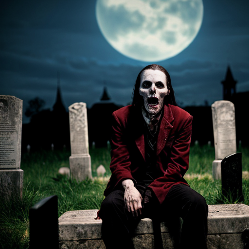 a vampire face with full crimson blood in his mouth. he is sitting in a grave with other zombies around and behind him is a big ancient castle