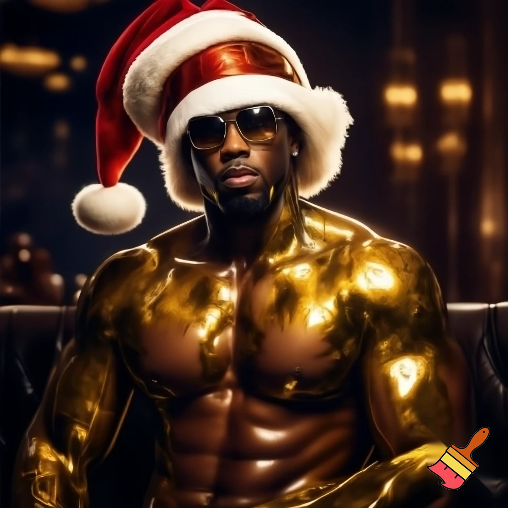 p diddy shirtless oiled up wearing a Santa hat