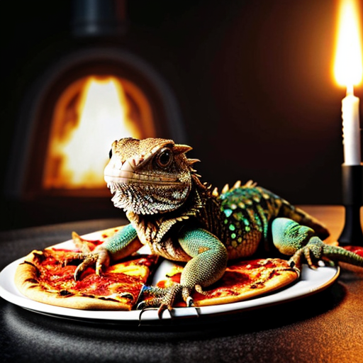 A scene in the holoscene period, where a bearded dragon thats 8 inch long, and is eating pizza with a rocket launcher on its back.