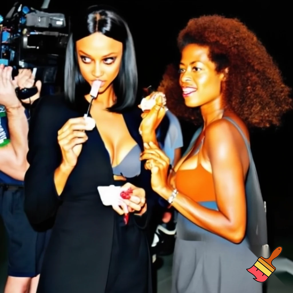 Tyra Banks and Kelis filming Commercial Behind The scenes Tyra Banks has a black sleek middle part bob hair and is wearing a black suit and a grey bra eating ice cream and Kelis has a brown voluminous curly hair Afro wearing a grey jumpsuit and a orange camisole 