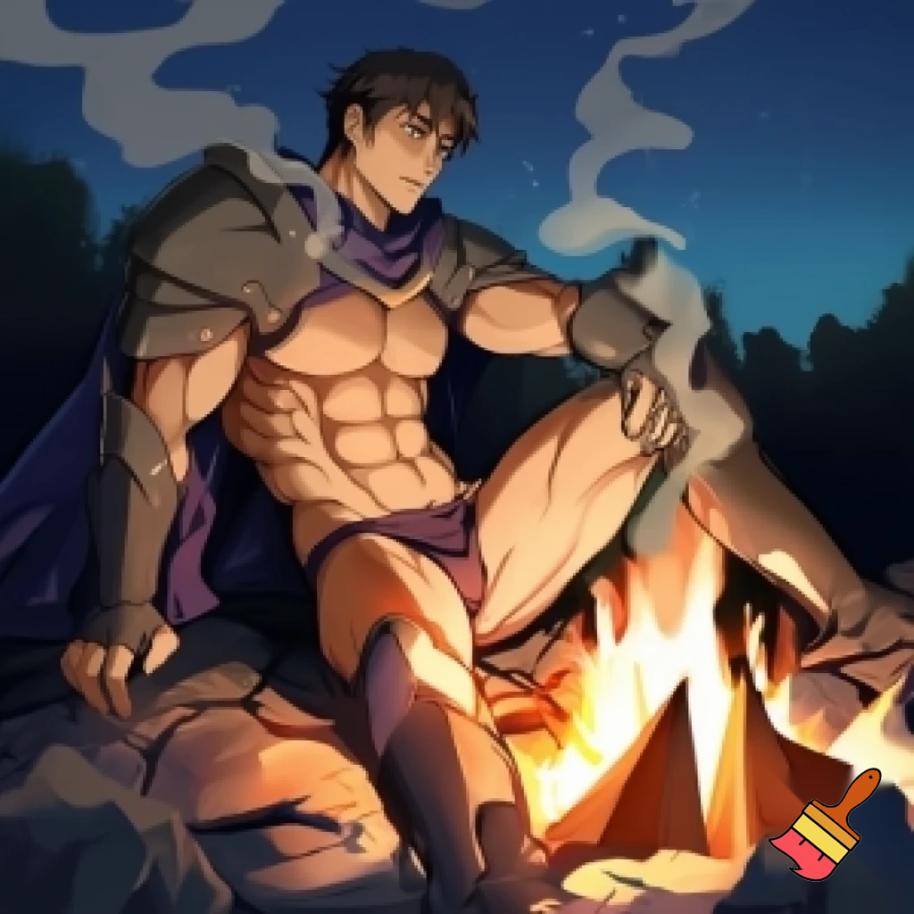 An Anime knight sitting next to a campfire with all of his cloths except his underwear off and he has abs and muscles