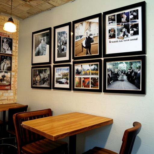 wall of cafe with lots of pictures and decorations
