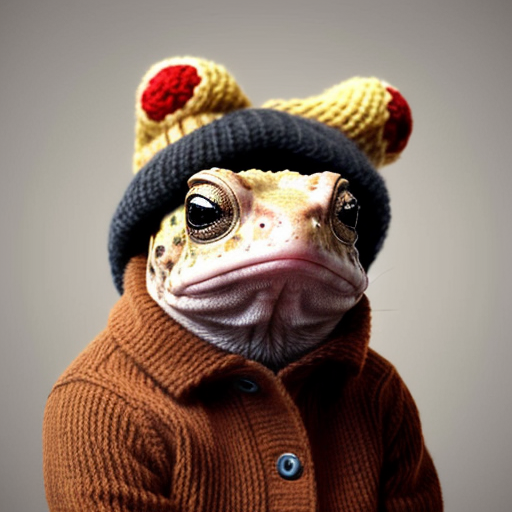 A laughable, puzzled animal toad in woolen, multicoloured winter clothings with woolen winter cap. Hyperrealistic style.