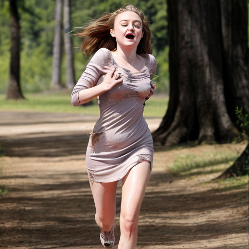 Dakota Fanning, actress, her dress is torn, she is running through a wood, her breast is exposed, 