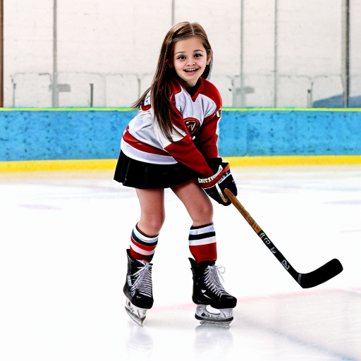 coloring page of a female kid with shoulder length hair, wearing hockey gear, holding a straight stick no bottom blade, just a straight stick that ends at the ice, through a rubber ring, cute, ice rink background, clean line, no fillers
