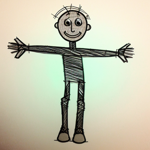 Stick man with lines for arms, legs, and torso, a circle head with a basic smile. Only a circle, no skin.