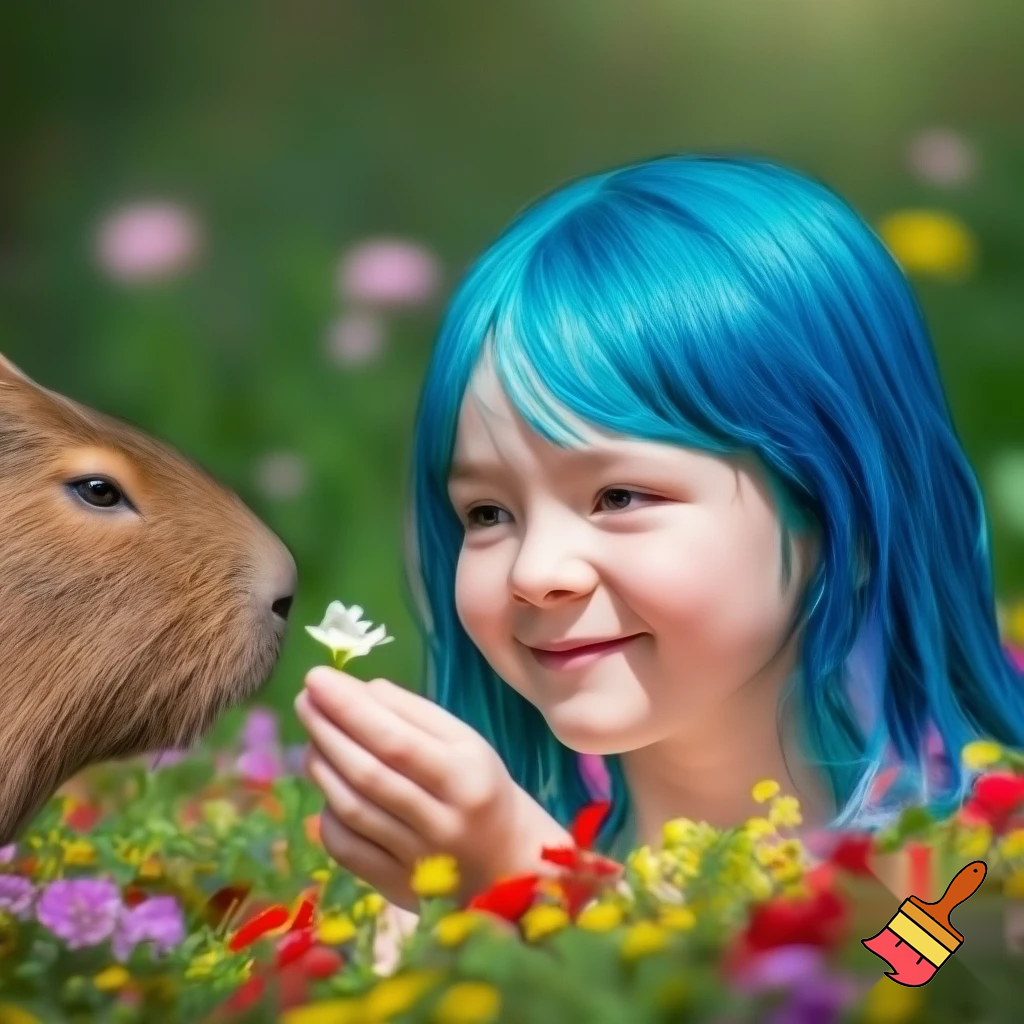 a girl in flowers with blue hair smileing holding a flower for the capybara