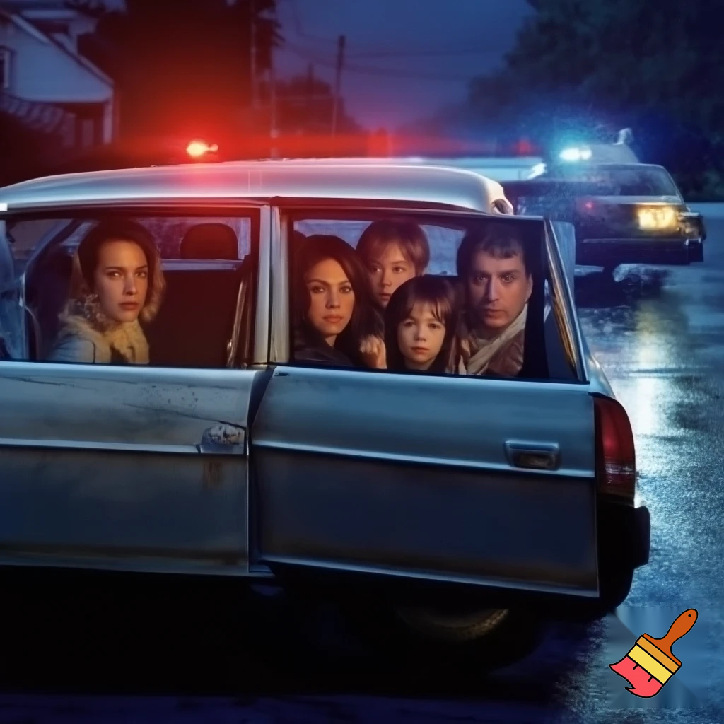 A family of 4 one boy one girl and mum and dad getting pulled over