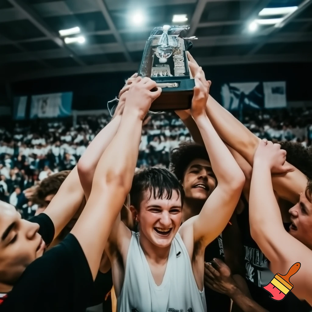 white teenage basketball player holds a trophy while the team is carrying him
