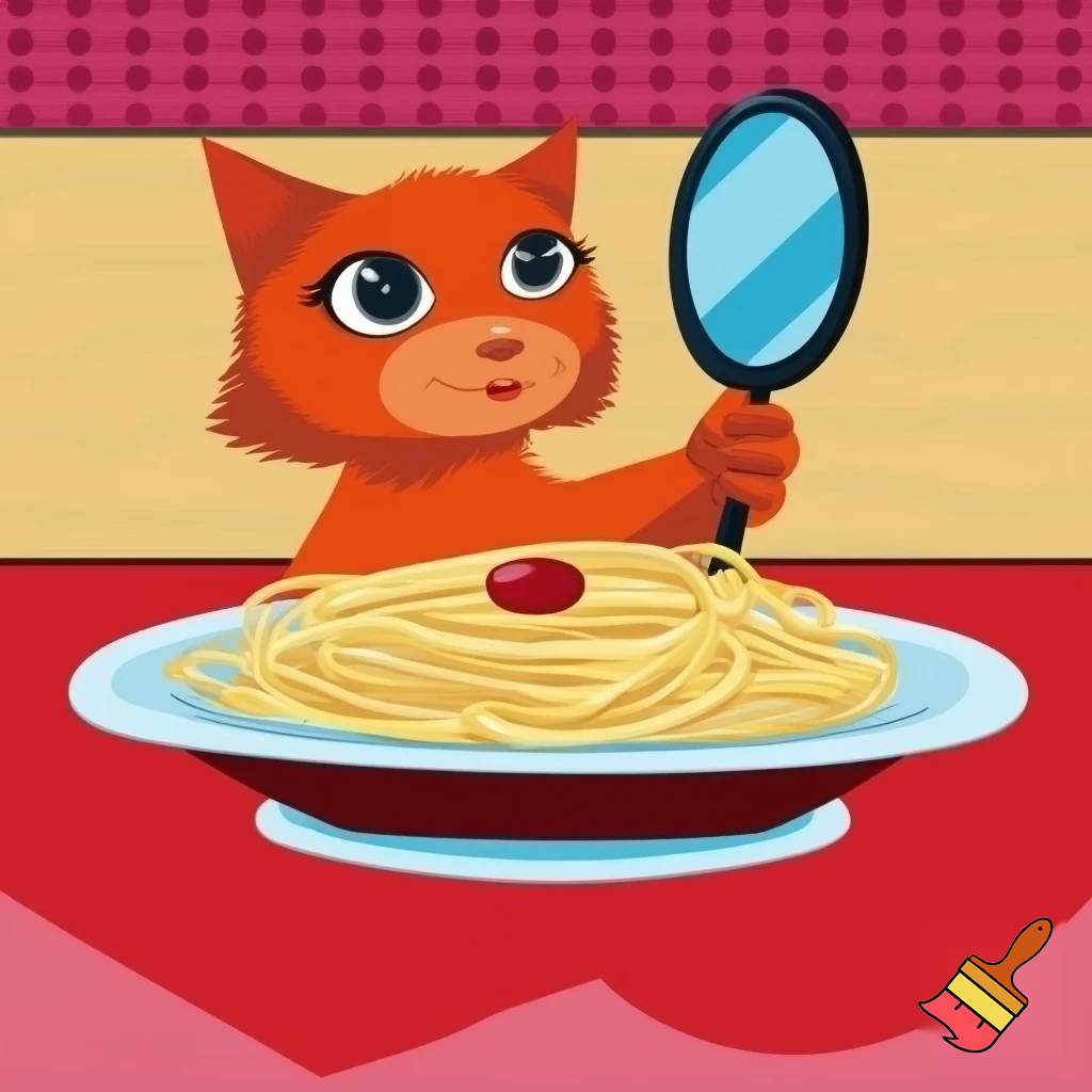 une image ne mode cartoon avec des gros yeux d'un petit chat roux femelle avec un petit sourire espiegle qui mange dans mon assiette de spaghetti bolognaise a table quand j'ai le dos tourné