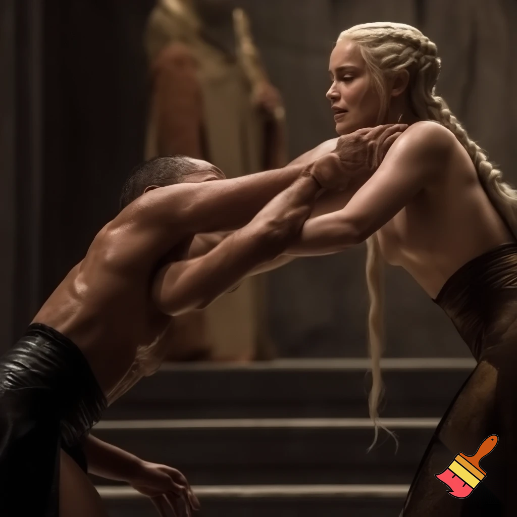 Daenerys Targaryen and Cersei Lannister wrestling in the throne room , Cersei Lannister is under Daenerys and losing. Both are naked and all sweaty 
