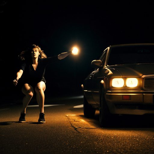 A dramatic action scene at night. A young woman lunges forward, pushing a man out of the path of an oncoming car. The car speeds past with motion blur and bright headlights cutting through the darkness. The woman’s expression is intense and determined, the man shocked mid-fall. The glowing vintage watch in her hand has just gone dark. Strong cinematic lighting, high contrast, dynamic motion, emotional intensity, ultra-realistic, 4K, film still, dramatic shadows.