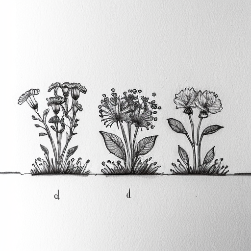 A sketch of multiple wildflowers  in a row. Black and white, simple and hand drawn