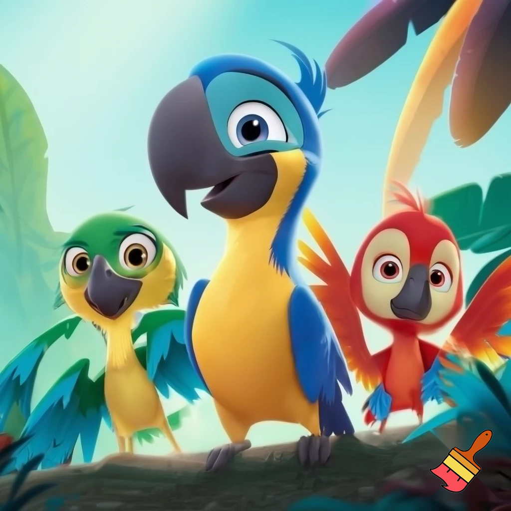 A 2D Cartoon Computer-Animation Poster Shows Three Young Macaws Carla Bia & Tiago