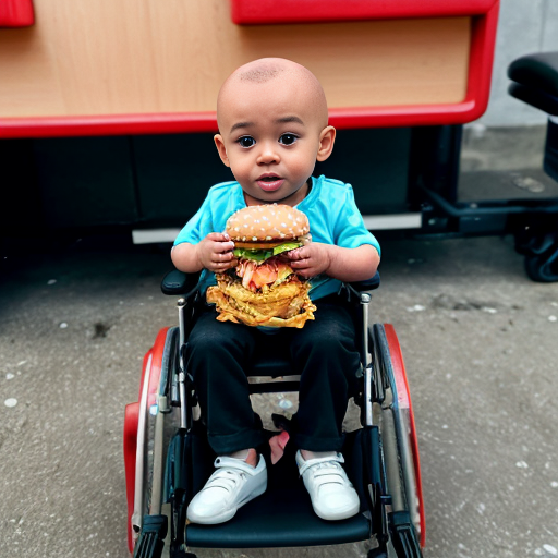 a black bald baby in a wheelchair eating kfc and a hamburger