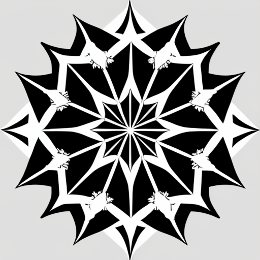 Six-sided crystalline snowflake line drawing with fractal geometry in b&w