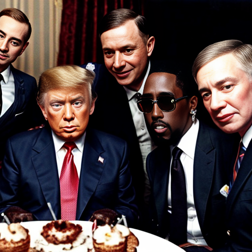Jeffery epstein, Adolf hitler, sean diddy combs, stephen hawking, charlie kirk and donald trump having party at mansion. realistic and make them look right
