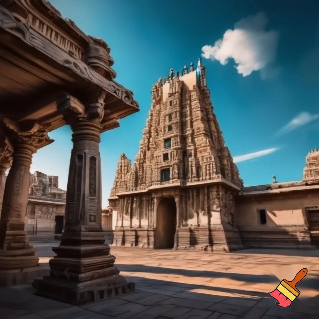create a image for a grand ancient temple in tamil nadu with some stone pillars and towring gopurams set against a blue sky
