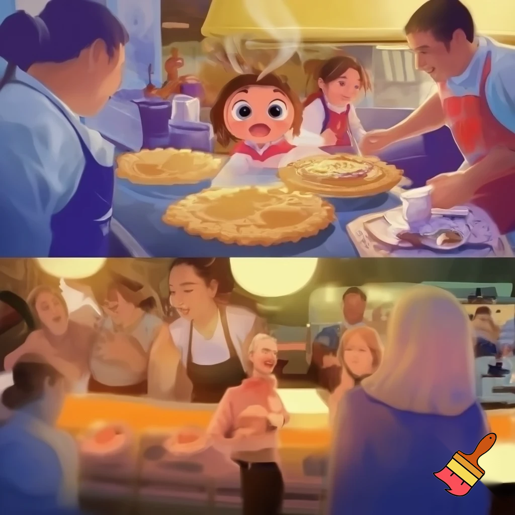 Understand what customers feel when they enter (hungry, rushed, excited).


Observe how they interact with the shop (waiting, choosing flavors, finding seats).


Listen to their comments about taste, service, prices, and menu options.


Identify emotional needs (comfort, freshness, speed, friendliness).


Recognize pain points (long waits, sold-out pies, limited options).



can you create an image based on above point into 
pie shop 