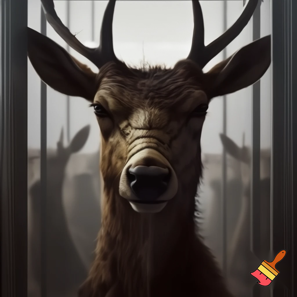 picture of a mugshot deer with scars and a serious face holding a lineup