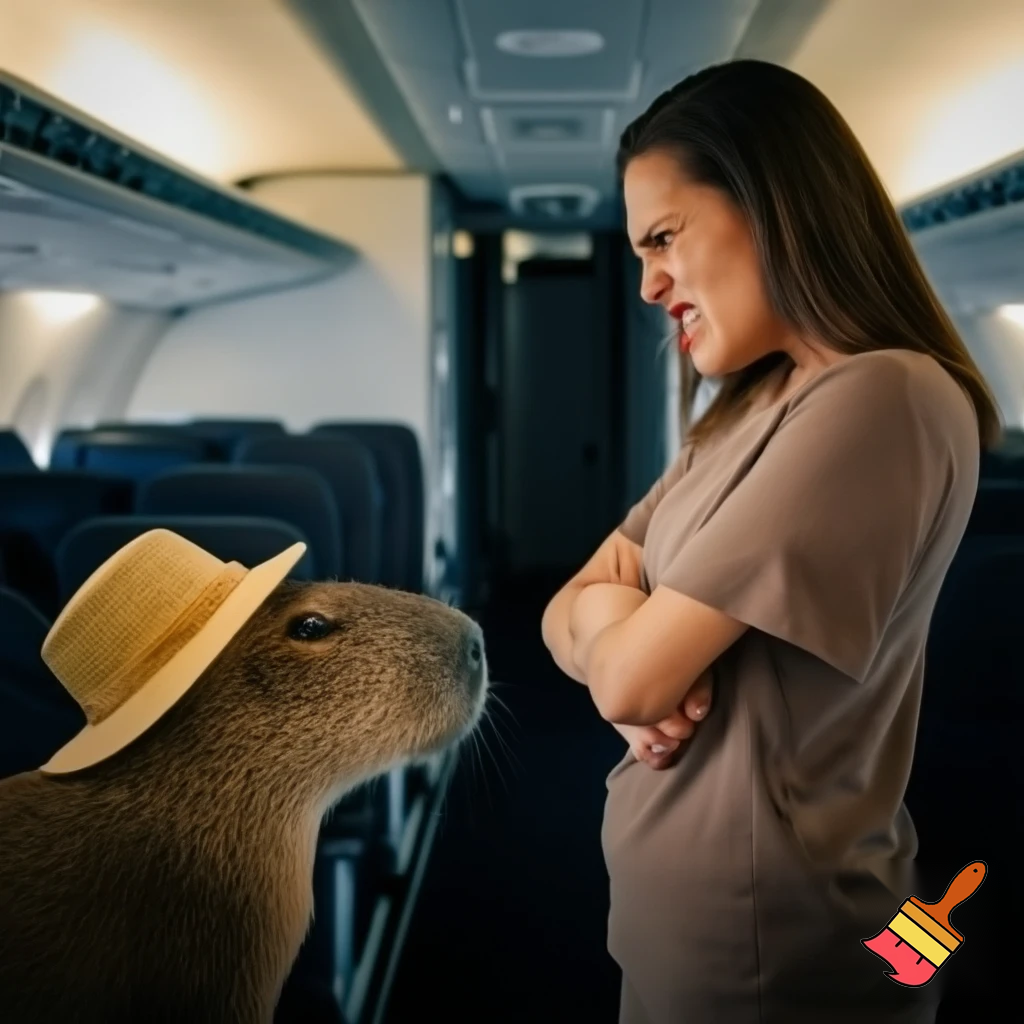 a woman is mad at the capybara in a hat at the plane



