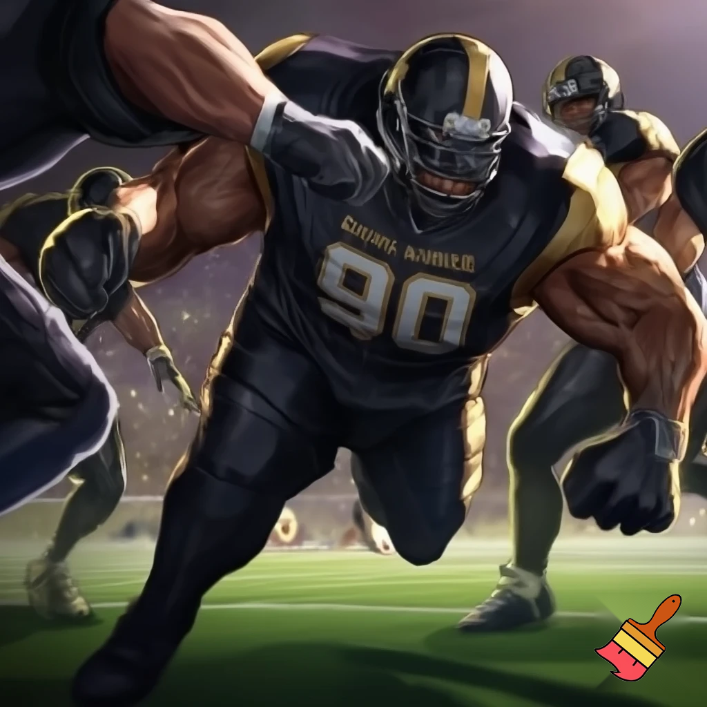 "Liniero defensivo llamado El Tanque Zamora, jugador de los Toros Negros. Uniforme negro con detalles dorados, número 90. Físico enorme y poderoso. Casco negro con franja dorada. Escena de acción empujando a dos linieros a la vez, postura agresiva, respirando fuerte como toro, ambiente intenso de juego."
